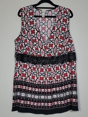 Y2K Venezia Babydoll Tank Top Size L Red Black Geometric Faux Leather Belt